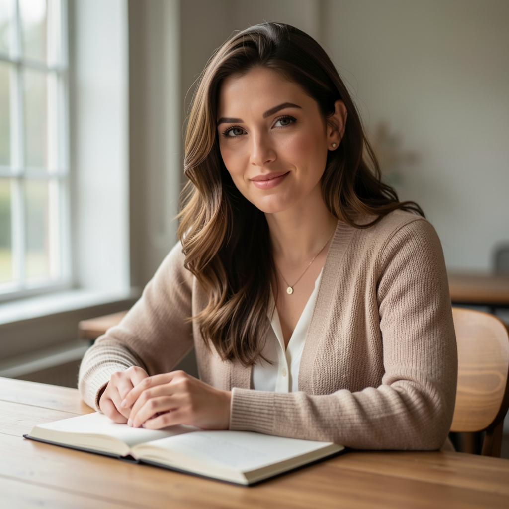 Editorial portrait of a woman at a wooden desk with natural window light, notebook open, soft focus background