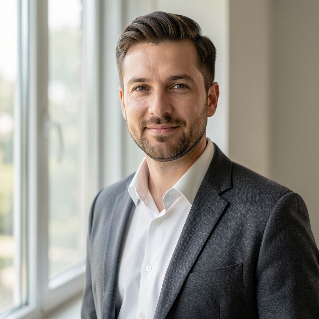 Editorial portrait of a man standing near a window in a light-filled room, relaxed posture, soft natural background