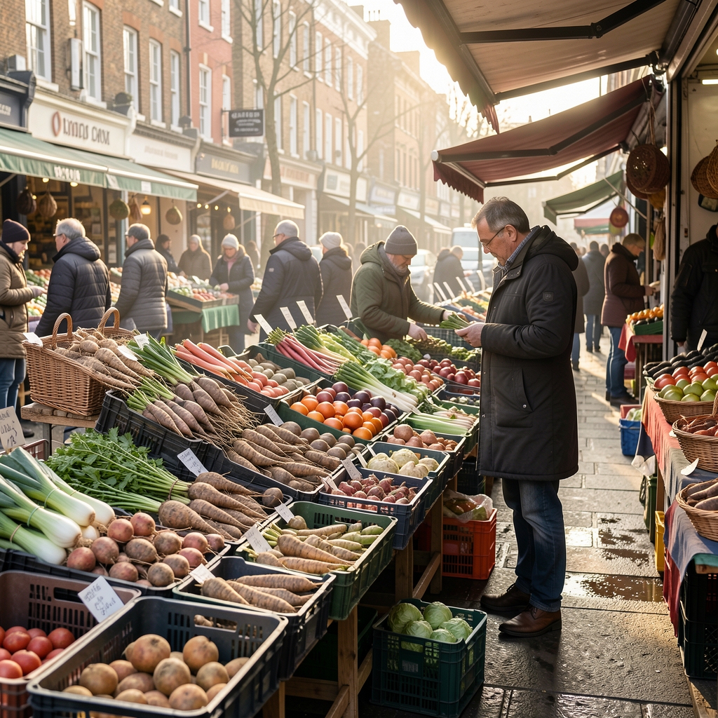 Market produce stall in early morning winter light, crates of root vegetables stacked at a London farmers market