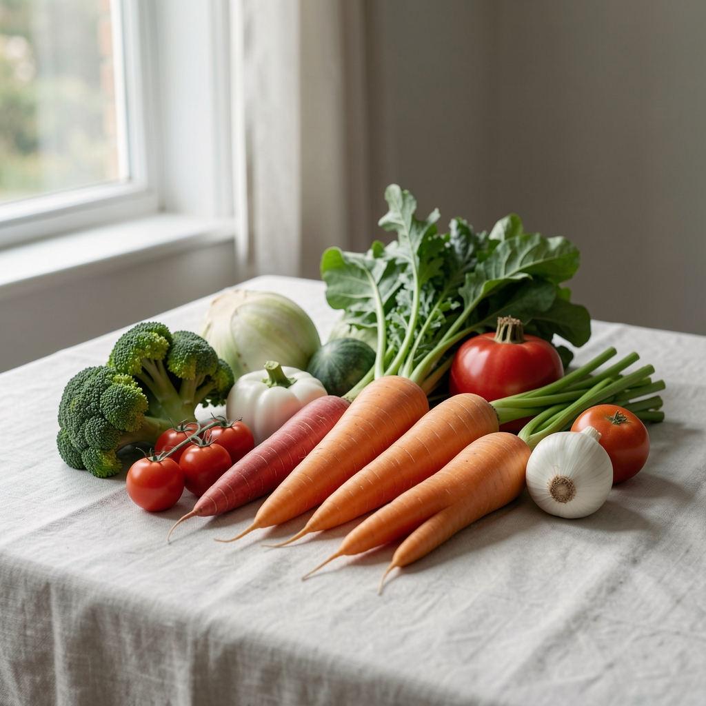 Seasonal vegetables arranged on a pale linen surface, natural light from a window to the left, editorial composition
